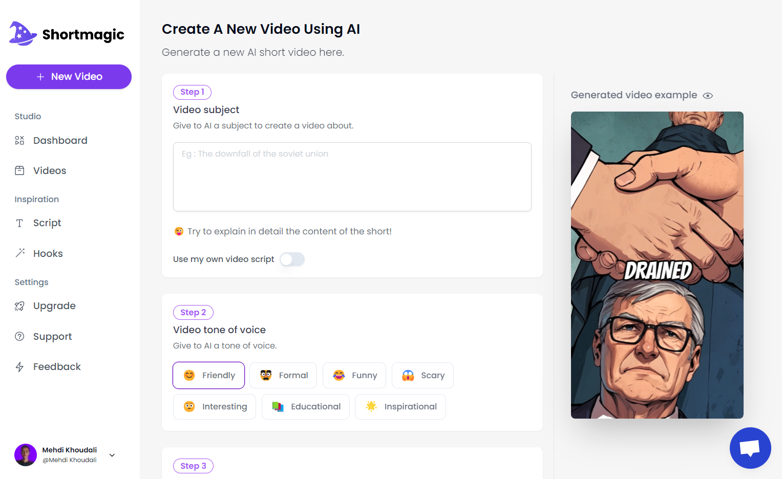 Shortmagic AI video creation workflow